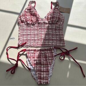 Samiol Women’s Large Red Plaid Ruched Tankini Set New